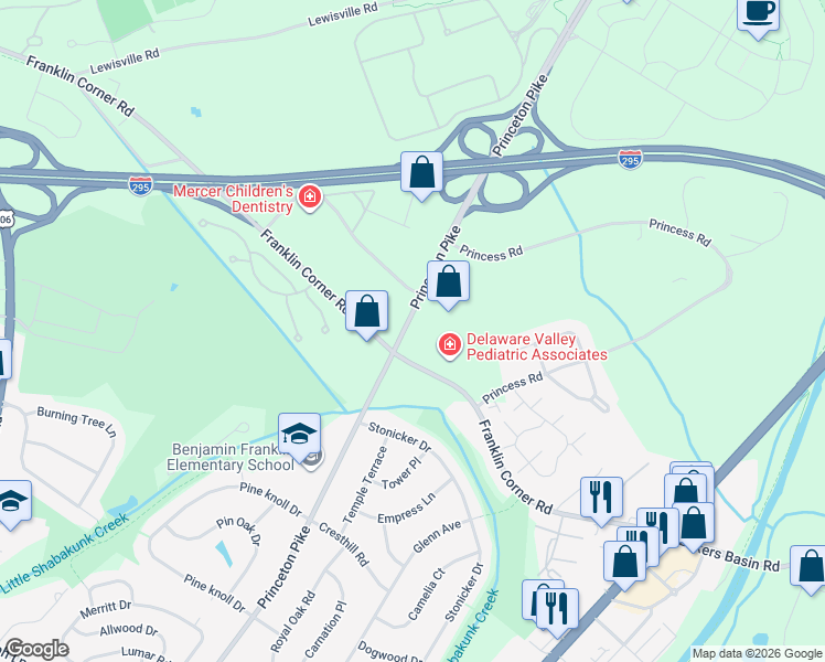 map of restaurants, bars, coffee shops, grocery stores, and more near 3076 Princeton Pike in Lawrence Township