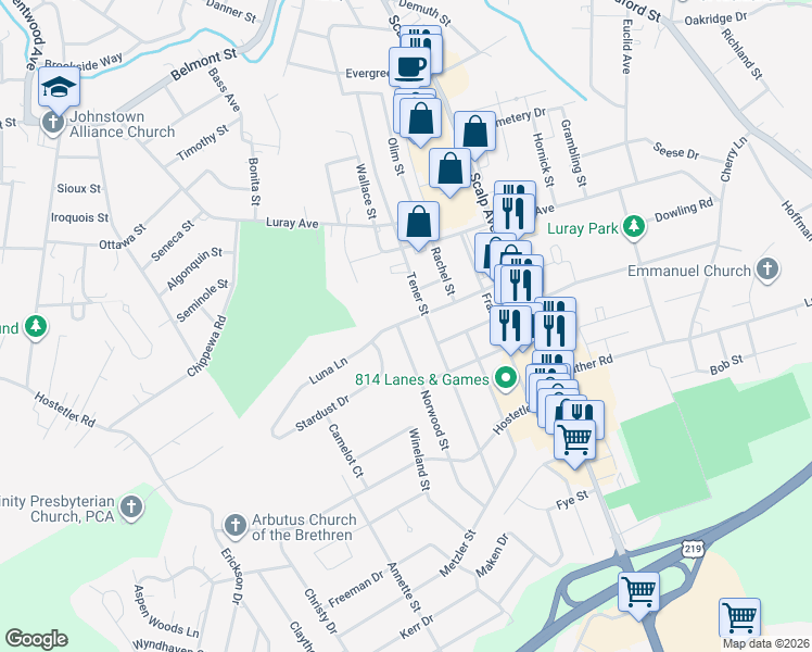 map of restaurants, bars, coffee shops, grocery stores, and more near 101 Luna Lane in Johnstown