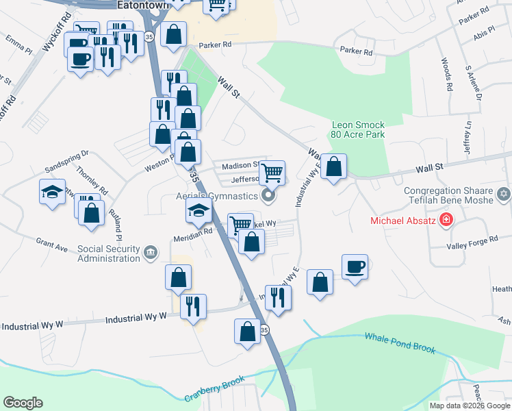 map of restaurants, bars, coffee shops, grocery stores, and more near 317 Mill Pond Way in Eatontown