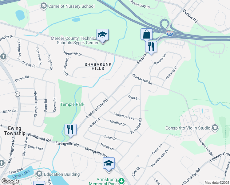 map of restaurants, bars, coffee shops, grocery stores, and more near 56 Federal City Road in Ewing Township