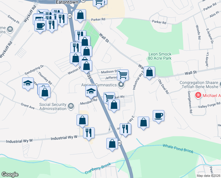 map of restaurants, bars, coffee shops, grocery stores, and more near 212 Mill Pond Way in Eatontown