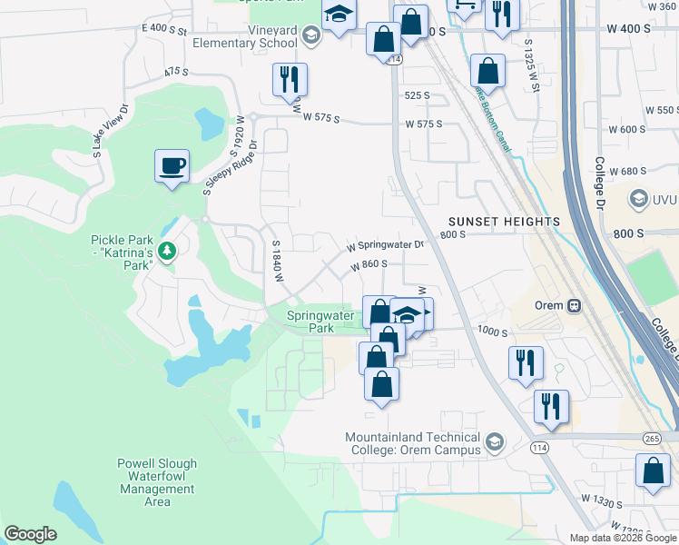 map of restaurants, bars, coffee shops, grocery stores, and more near 857 Artesia Road in Orem