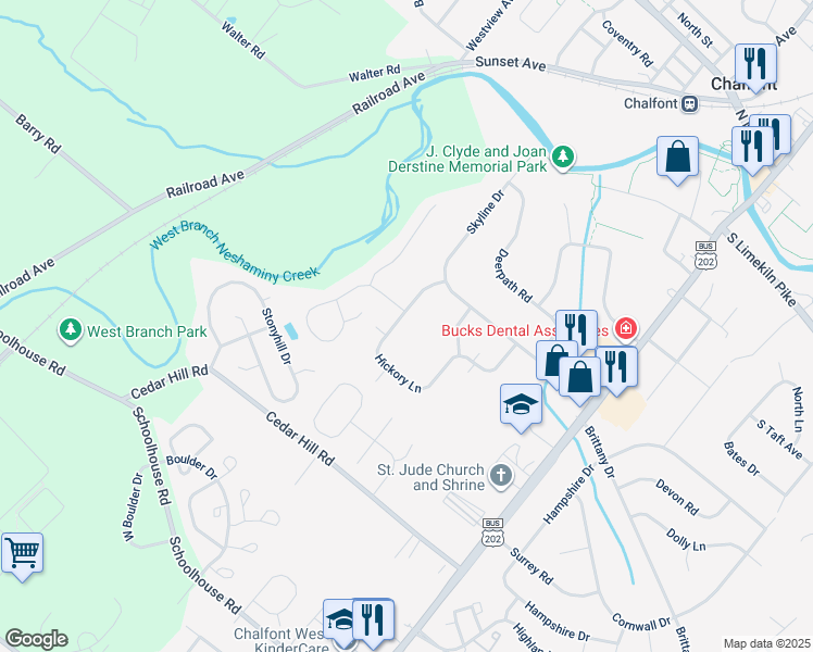 map of restaurants, bars, coffee shops, grocery stores, and more near 53 Hickory Lane in Chalfont