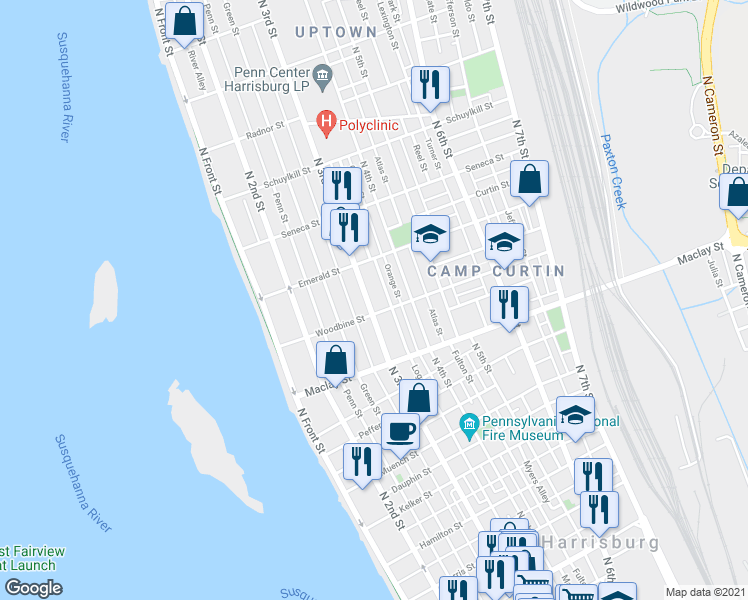 map of restaurants, bars, coffee shops, grocery stores, and more near 2211 North 3rd Street in Harrisburg
