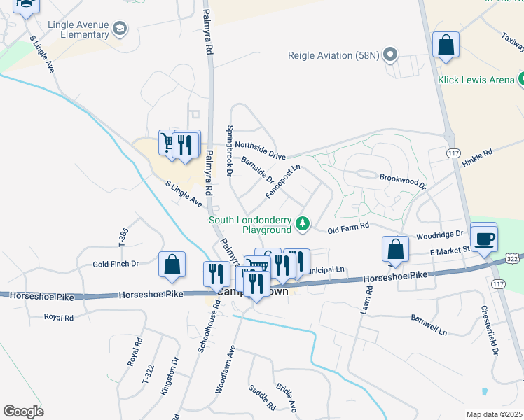 map of restaurants, bars, coffee shops, grocery stores, and more near 232 Fencepost Lane in Palmyra