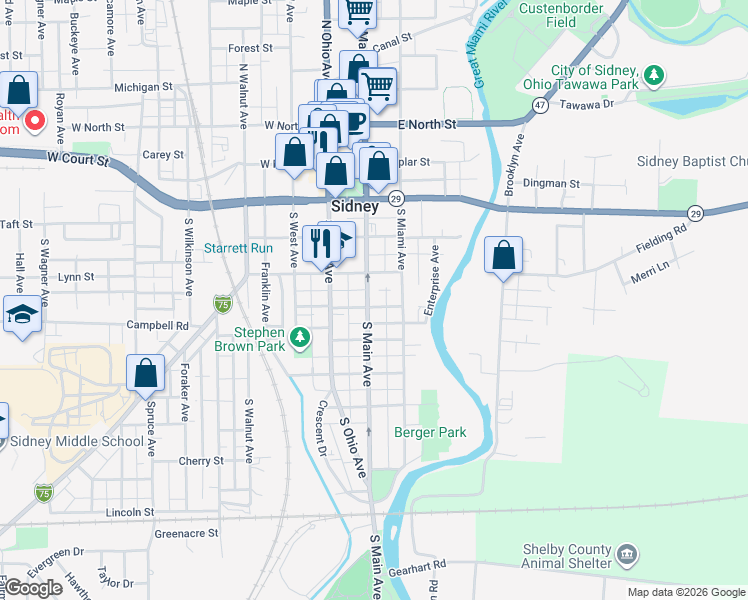 map of restaurants, bars, coffee shops, grocery stores, and more near 428 South Main Avenue in Sidney