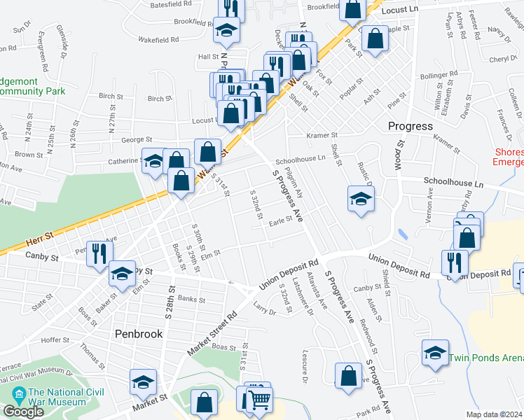 map of restaurants, bars, coffee shops, grocery stores, and more near 3201 Meadow Lane in Harrisburg