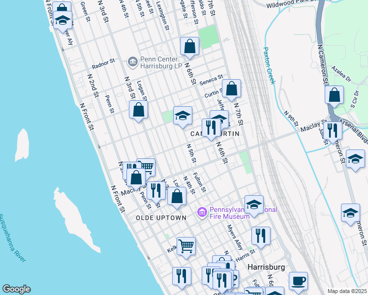 map of restaurants, bars, coffee shops, grocery stores, and more near in Harrisburg