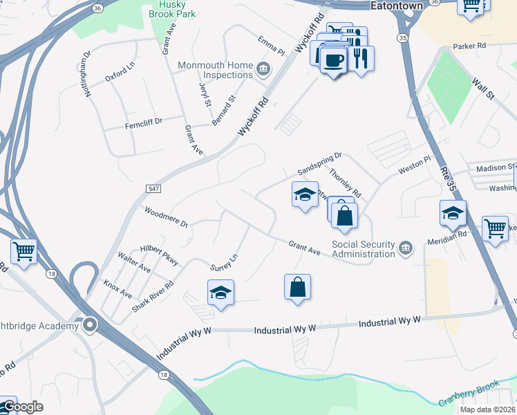 map of restaurants, bars, coffee shops, grocery stores, and more near 48 Raleigh Court in Eatontown