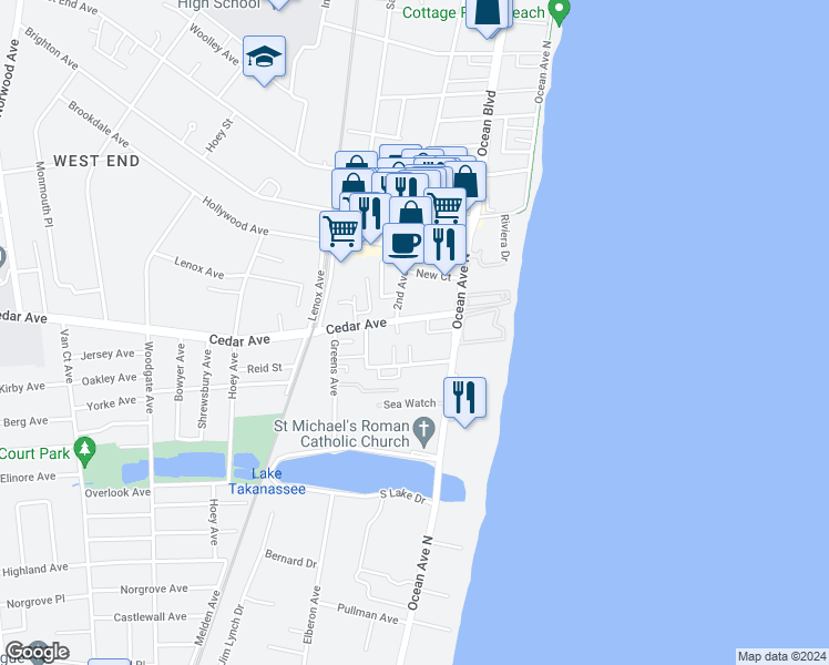map of restaurants, bars, coffee shops, grocery stores, and more near 36 Cedar Avenue in Long Branch