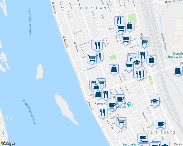 map of restaurants, bars, coffee shops, grocery stores, and more near 2233 Penn Street in Harrisburg