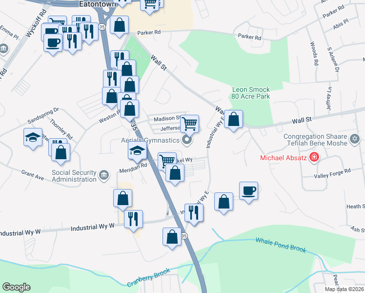 map of restaurants, bars, coffee shops, grocery stores, and more near 317 Mill Pond Way in Eatontown