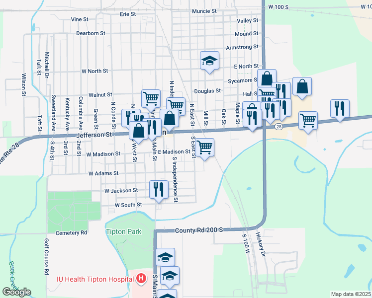 map of restaurants, bars, coffee shops, grocery stores, and more near 220 East Madison Street in Tipton