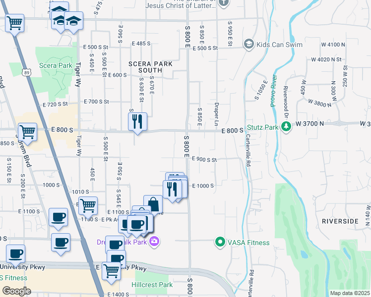 map of restaurants, bars, coffee shops, grocery stores, and more near 832 South 800 East in Orem