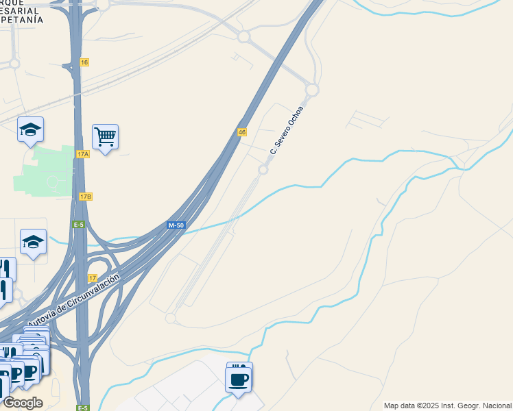 map of restaurants, bars, coffee shops, grocery stores, and more near 28 Calle Severo Ochoa in Getafe