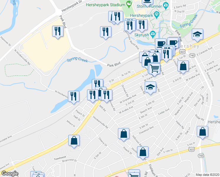 map of restaurants, bars, coffee shops, grocery stores, and more near 582 West Chocolate Avenue in Hershey