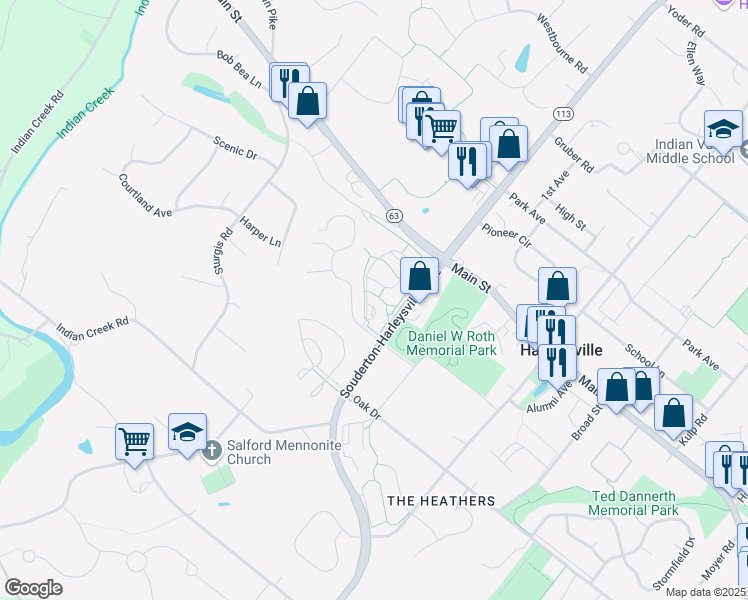 map of restaurants, bars, coffee shops, grocery stores, and more near 30 Raleigh Court in Harleysville