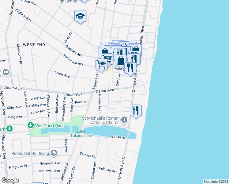 map of restaurants, bars, coffee shops, grocery stores, and more near 60 Cedar Avenue in Long Branch