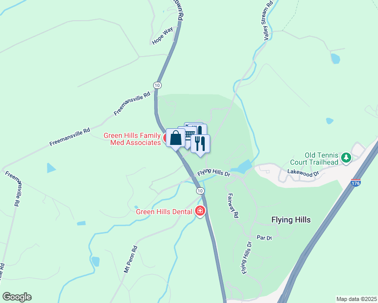 map of restaurants, bars, coffee shops, grocery stores, and more near 18 Village Center Drive in Reading