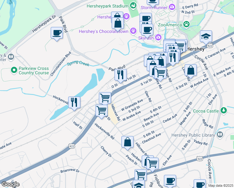 map of restaurants, bars, coffee shops, grocery stores, and more near 523 West Caracas Avenue in Hershey