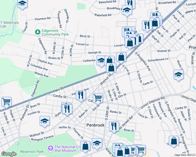 map of restaurants, bars, coffee shops, grocery stores, and more near 100 North Parish Al in Harrisburg