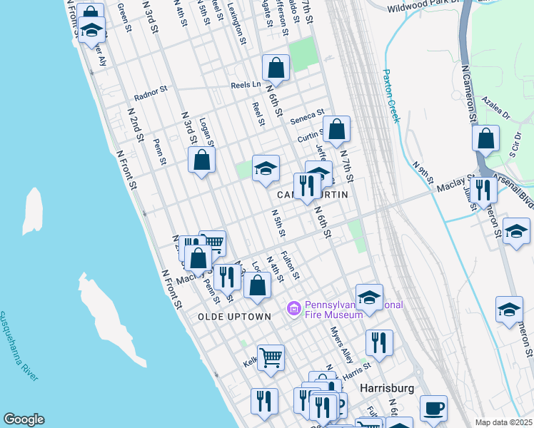 map of restaurants, bars, coffee shops, grocery stores, and more near in Harrisburg