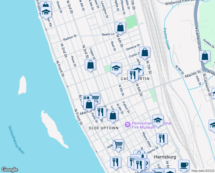 map of restaurants, bars, coffee shops, grocery stores, and more near 340 Woodbine Street in Harrisburg