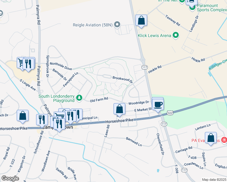 map of restaurants, bars, coffee shops, grocery stores, and more near 35 Springhaven Court in Palmyra