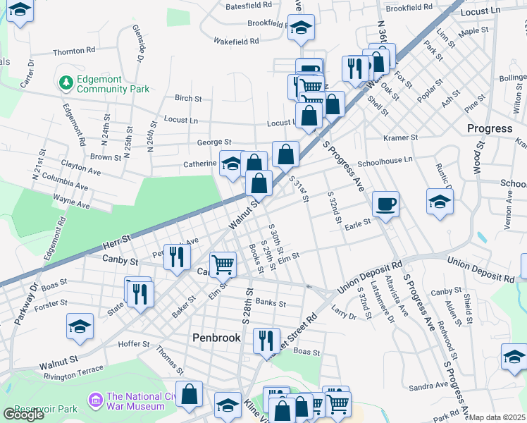 map of restaurants, bars, coffee shops, grocery stores, and more near 2918 Penbrook Avenue in Harrisburg