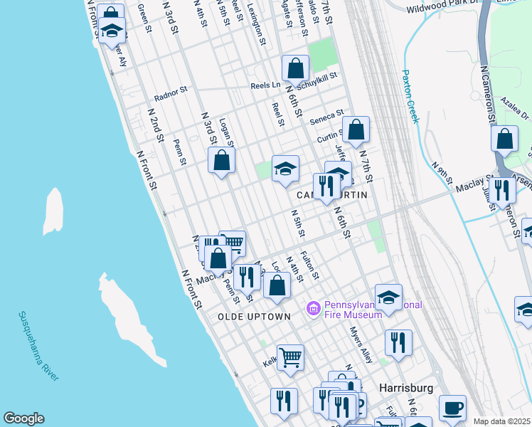 map of restaurants, bars, coffee shops, grocery stores, and more near 344 Woodbine Street in Harrisburg