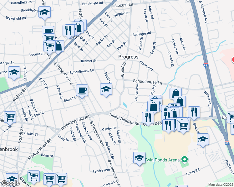 map of restaurants, bars, coffee shops, grocery stores, and more near 617 Sylvan Place in Harrisburg