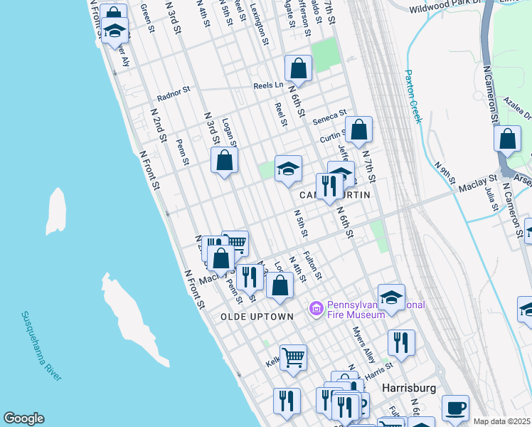map of restaurants, bars, coffee shops, grocery stores, and more near 340 Woodbine Street in Harrisburg
