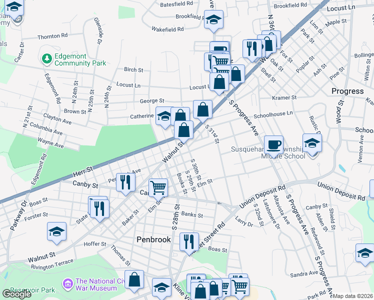 map of restaurants, bars, coffee shops, grocery stores, and more near 2918 Penbrook Avenue in Harrisburg
