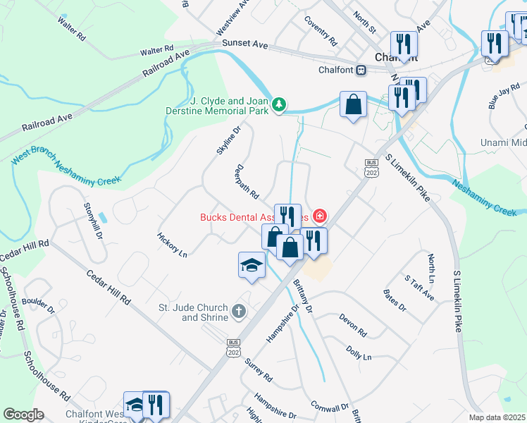 map of restaurants, bars, coffee shops, grocery stores, and more near 11 Deerpath Road in Chalfont