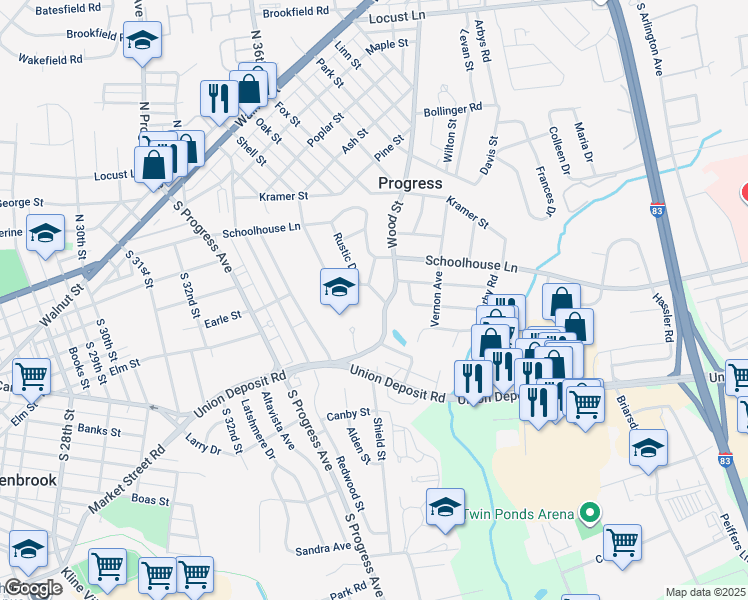 map of restaurants, bars, coffee shops, grocery stores, and more near 617 Sylvan Place in Harrisburg