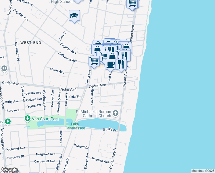 map of restaurants, bars, coffee shops, grocery stores, and more near 60 Cedar Avenue in Long Branch