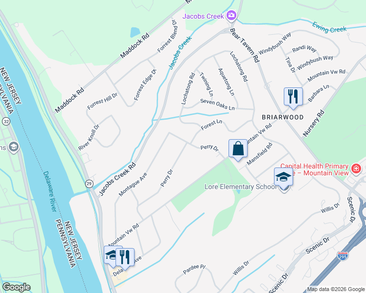 map of restaurants, bars, coffee shops, grocery stores, and more near 46 Perry Drive in Trenton