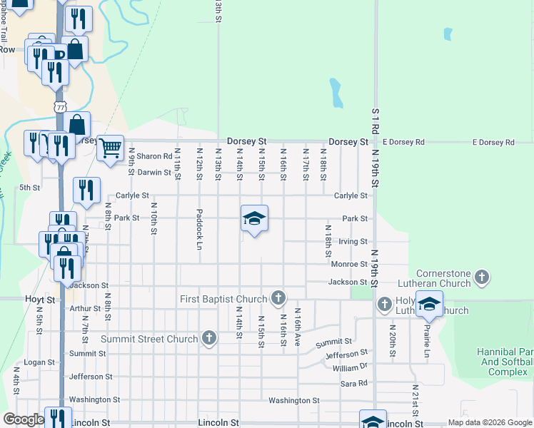 map of restaurants, bars, coffee shops, grocery stores, and more near 1505 North 15th Street in Beatrice