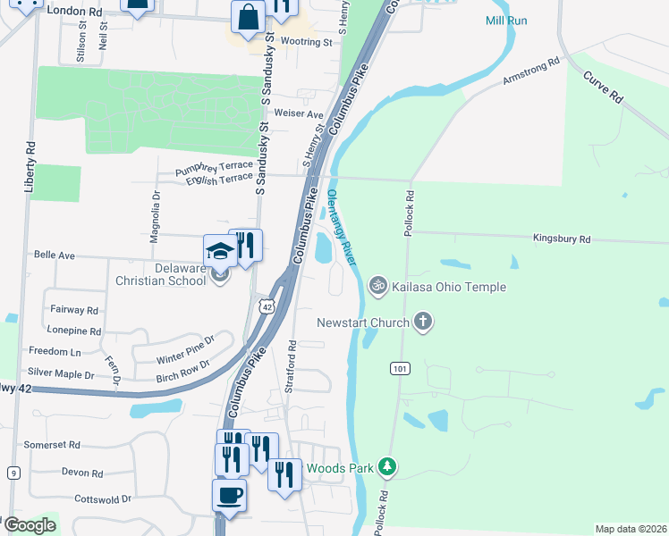 map of restaurants, bars, coffee shops, grocery stores, and more near 615 Stratford Road in Delaware