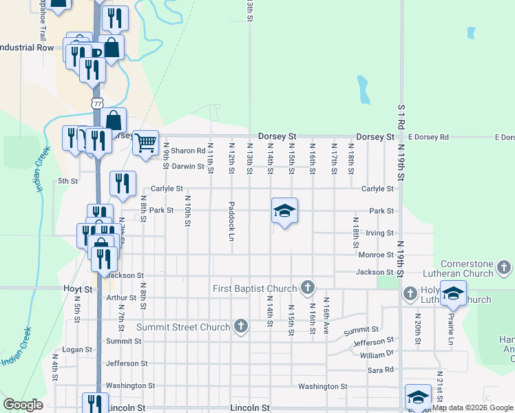 map of restaurants, bars, coffee shops, grocery stores, and more near 1320 Park Street in Beatrice