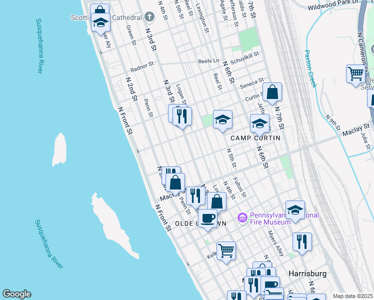 map of restaurants, bars, coffee shops, grocery stores, and more near 2214 North 3rd Street in Harrisburg