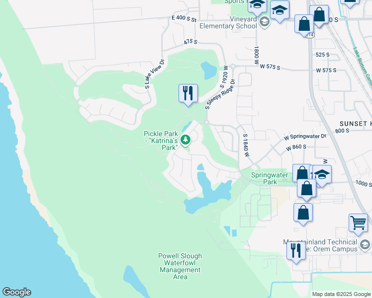 map of restaurants, bars, coffee shops, grocery stores, and more near 2102 West Golden Pond Way in Orem