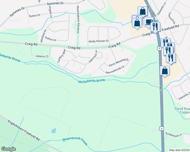 map of restaurants, bars, coffee shops, grocery stores, and more near 3 Gainsborough Court in Manalapan Township