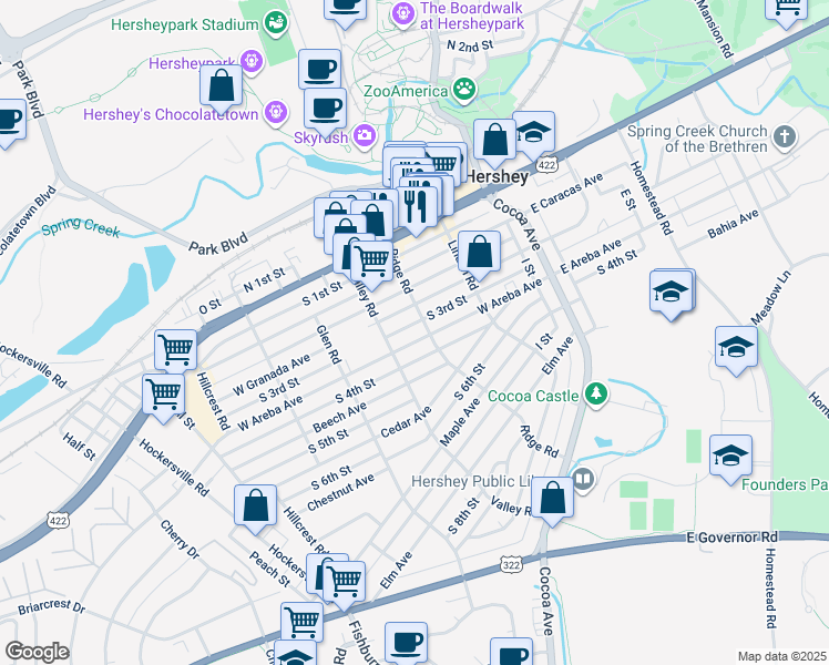 map of restaurants, bars, coffee shops, grocery stores, and more near 204 West Areba Avenue in Hershey