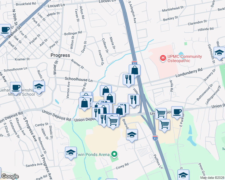 map of restaurants, bars, coffee shops, grocery stores, and more near 4011 Eastbrook Road in Harrisburg