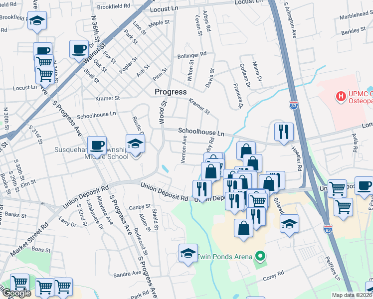 map of restaurants, bars, coffee shops, grocery stores, and more near 3801 Bonnybrook Road in Harrisburg