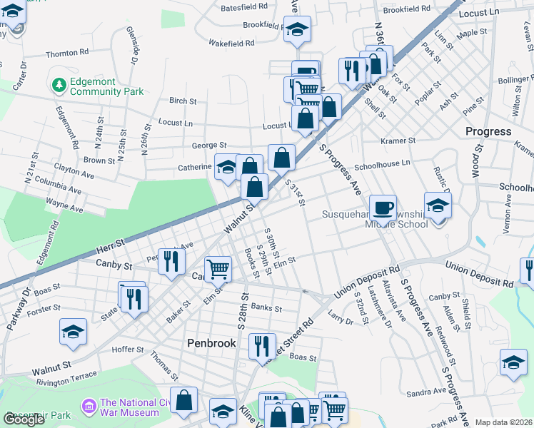 map of restaurants, bars, coffee shops, grocery stores, and more near 2918 Penbrook Avenue in Harrisburg
