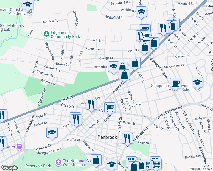 map of restaurants, bars, coffee shops, grocery stores, and more near 100 North Parish Al in Harrisburg