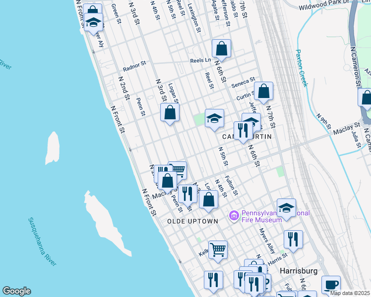 map of restaurants, bars, coffee shops, grocery stores, and more near 320 Woodbine Street in Harrisburg