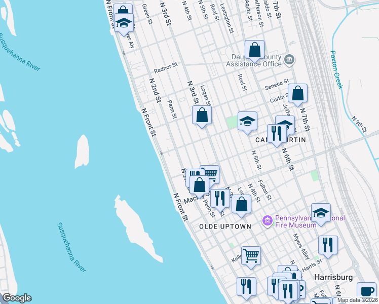 map of restaurants, bars, coffee shops, grocery stores, and more near 2221 Penn Street in Harrisburg